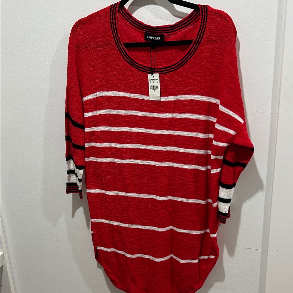 Express Women's Red and White Striped Sweater
